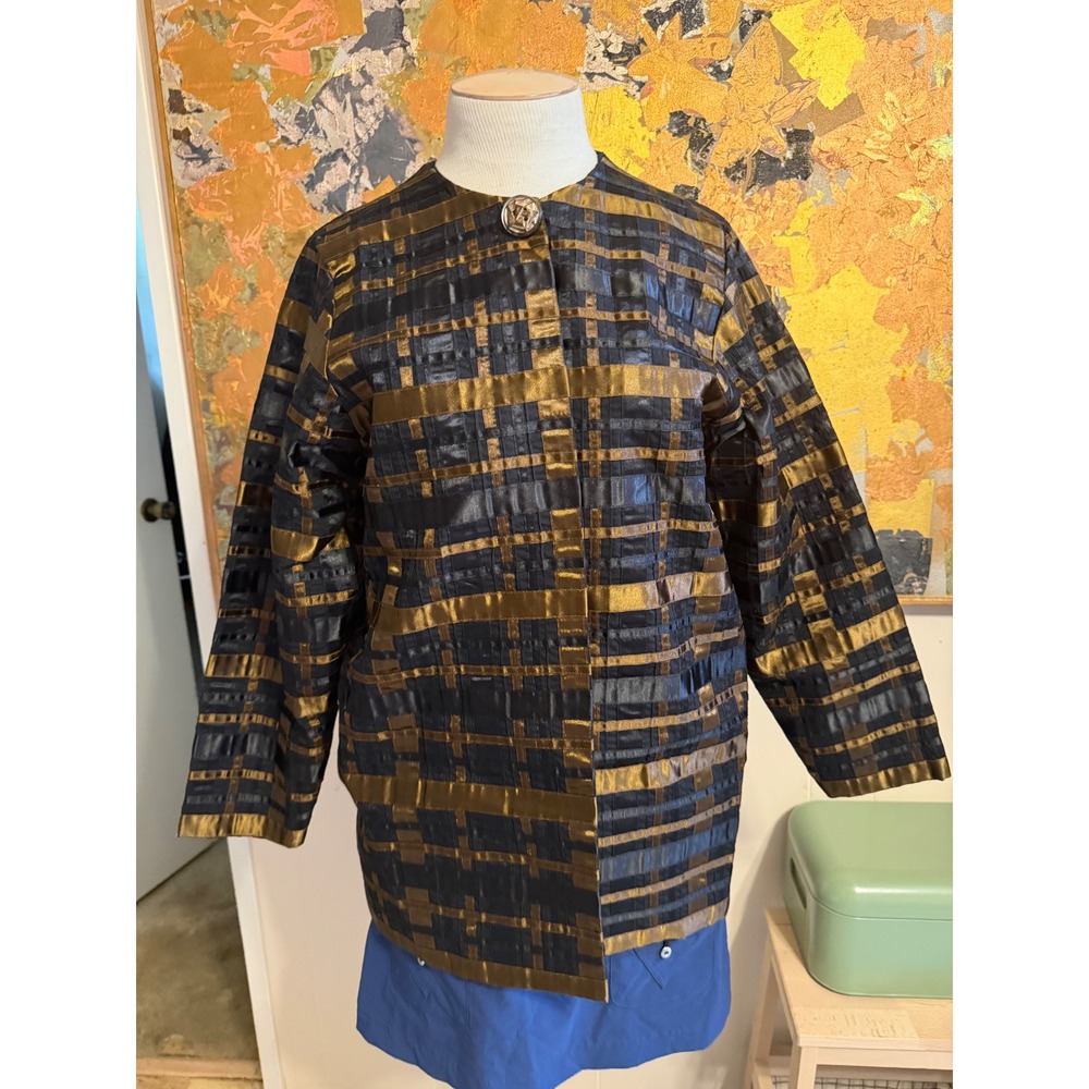 Tachi Castillo Mexico Gold Black Ribbon Grid Pleated Jacket Large Statement Art